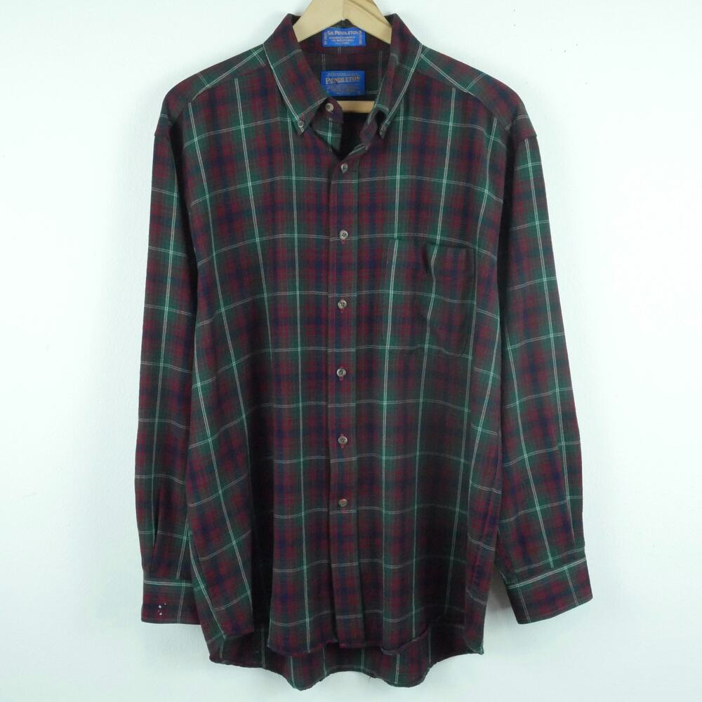 Vintage Pendleton Large Button Down Shirt 100% Wool Red Green Plaid Normcore Dad